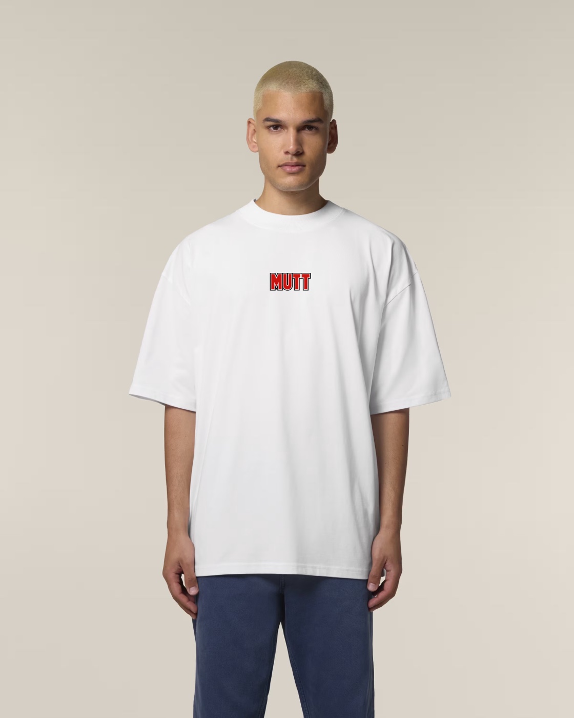 Mutt Clothing model — oversized tee, MUTT chest print